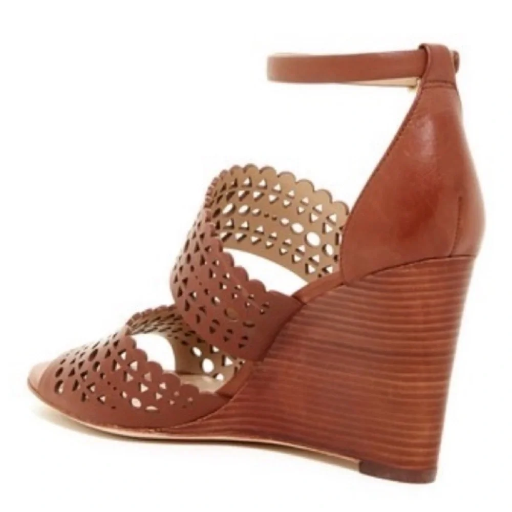 Tory Burch Perforated Brown Laser-Cut Leather Wood Wedge Sandals Size‎ 9